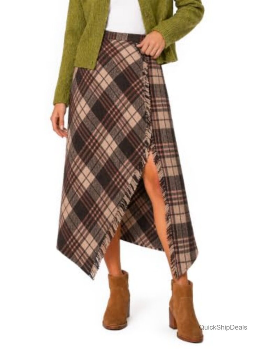 Women's Plaid Wrap Midi Skirt Asymmetrical High Waist Tartan Slit A-Line